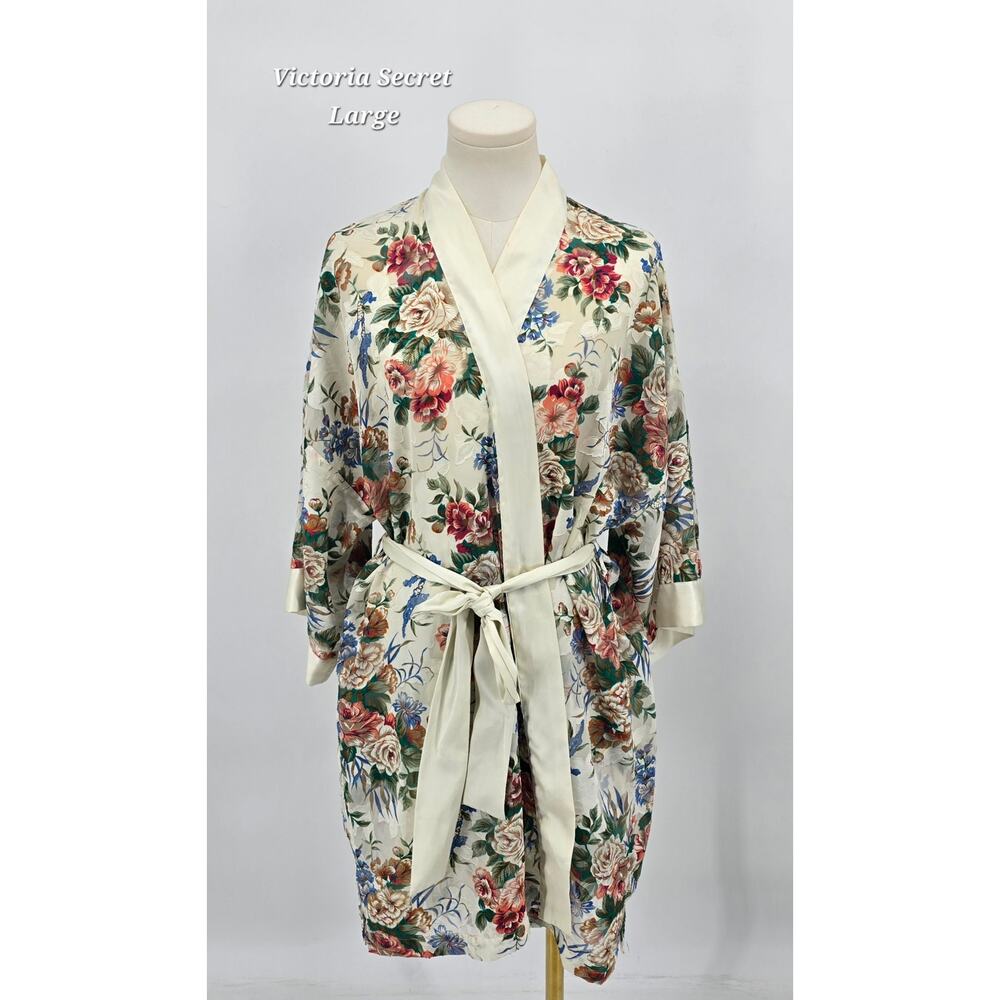Vintage Gold Label Victoria’s Secret Floral Satin Robe Kimono Belted Wrap
